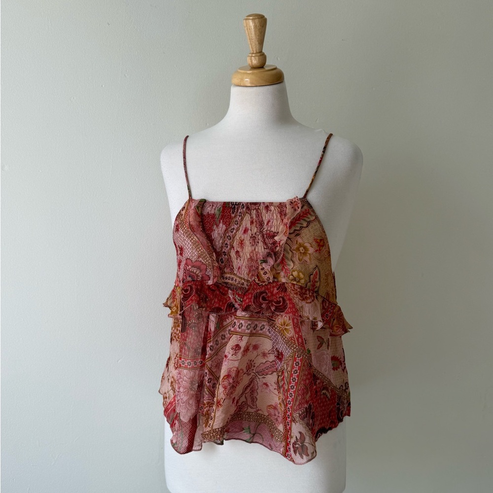 MNG Mango Sheer Floral Ruffle Camisole – Boho Paisley Print